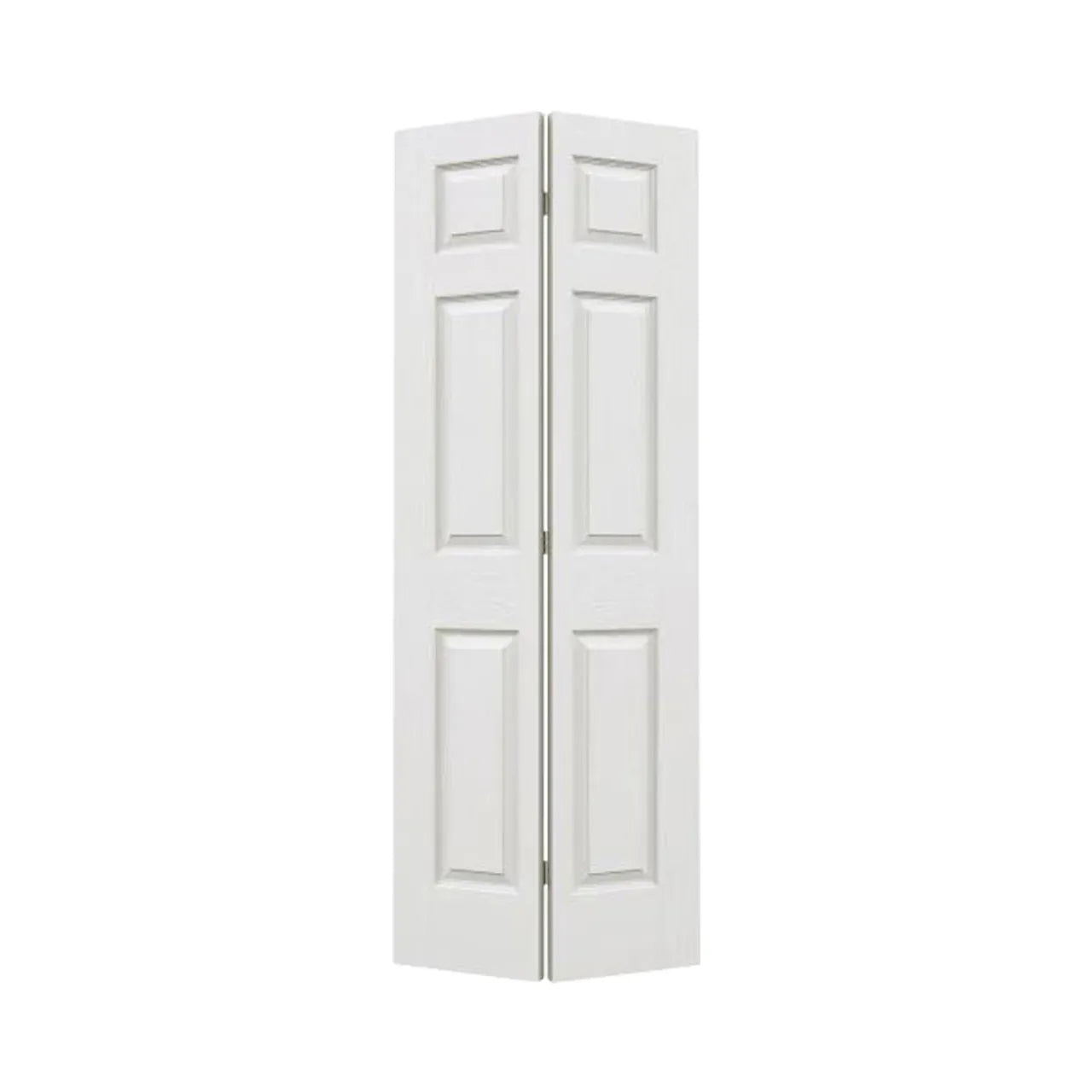 The Go Build 32 in. x 80 in. Colonist Bi-fold Primed Textured Composite MDF Door, Hollow Core, is shown upright and slightly open against a plain white background.